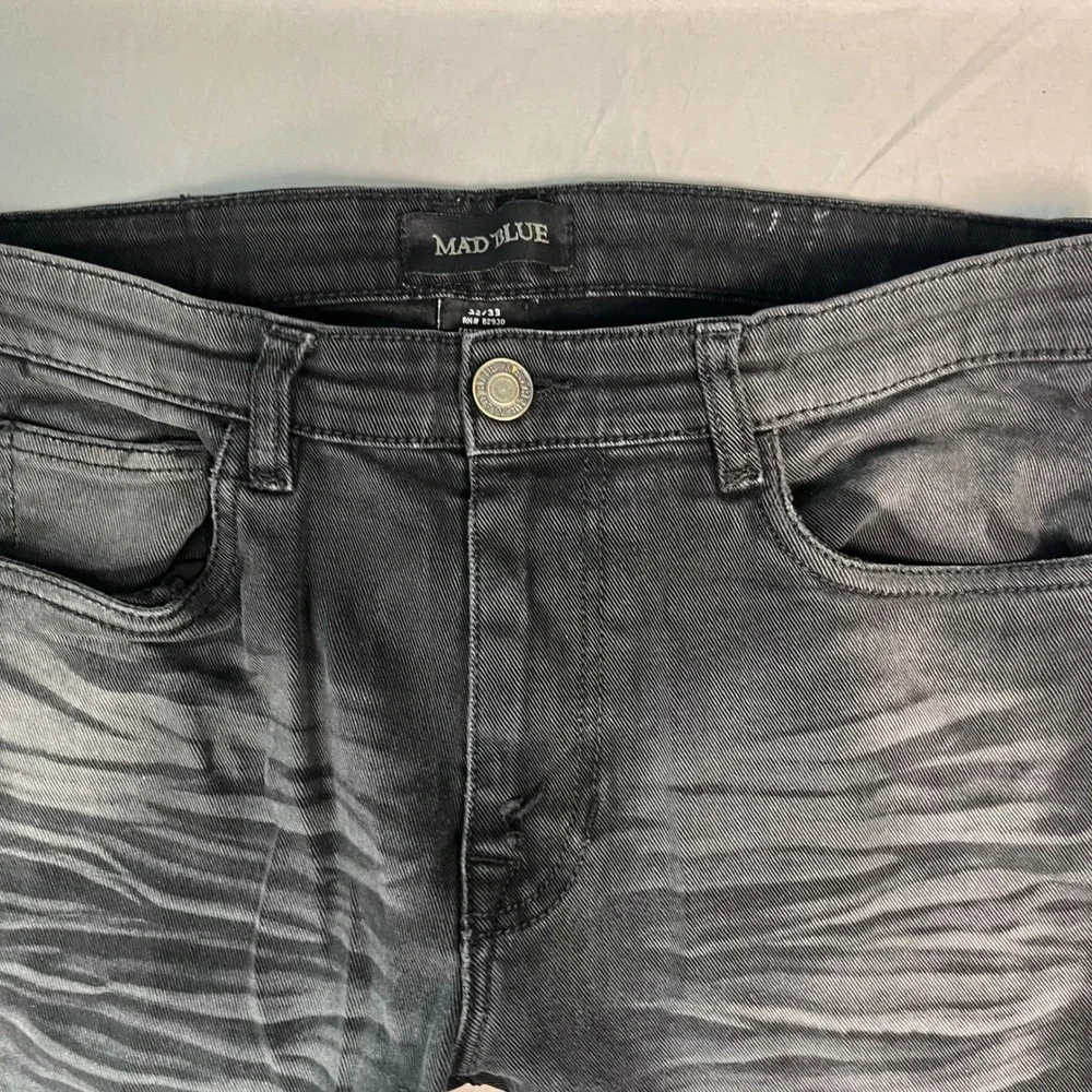 Mad Blue Mens Moto Biker Skinny Jeans Black Faded Ribbed Knee 32x33